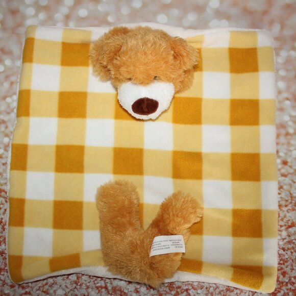 Greenbrier Security Blanket Gold White Plaid With Attached Plush Bear - Picture 1 of 6